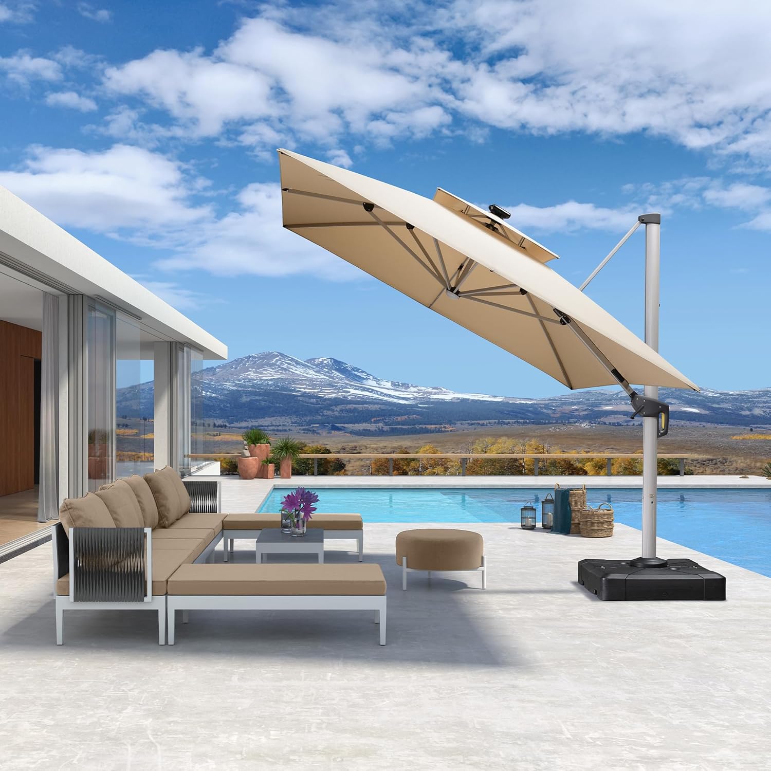 مظلة فناء مستطيلة فاخرة مزدوجة - مراجعة Outdoor Furniture Umbrella وسعره